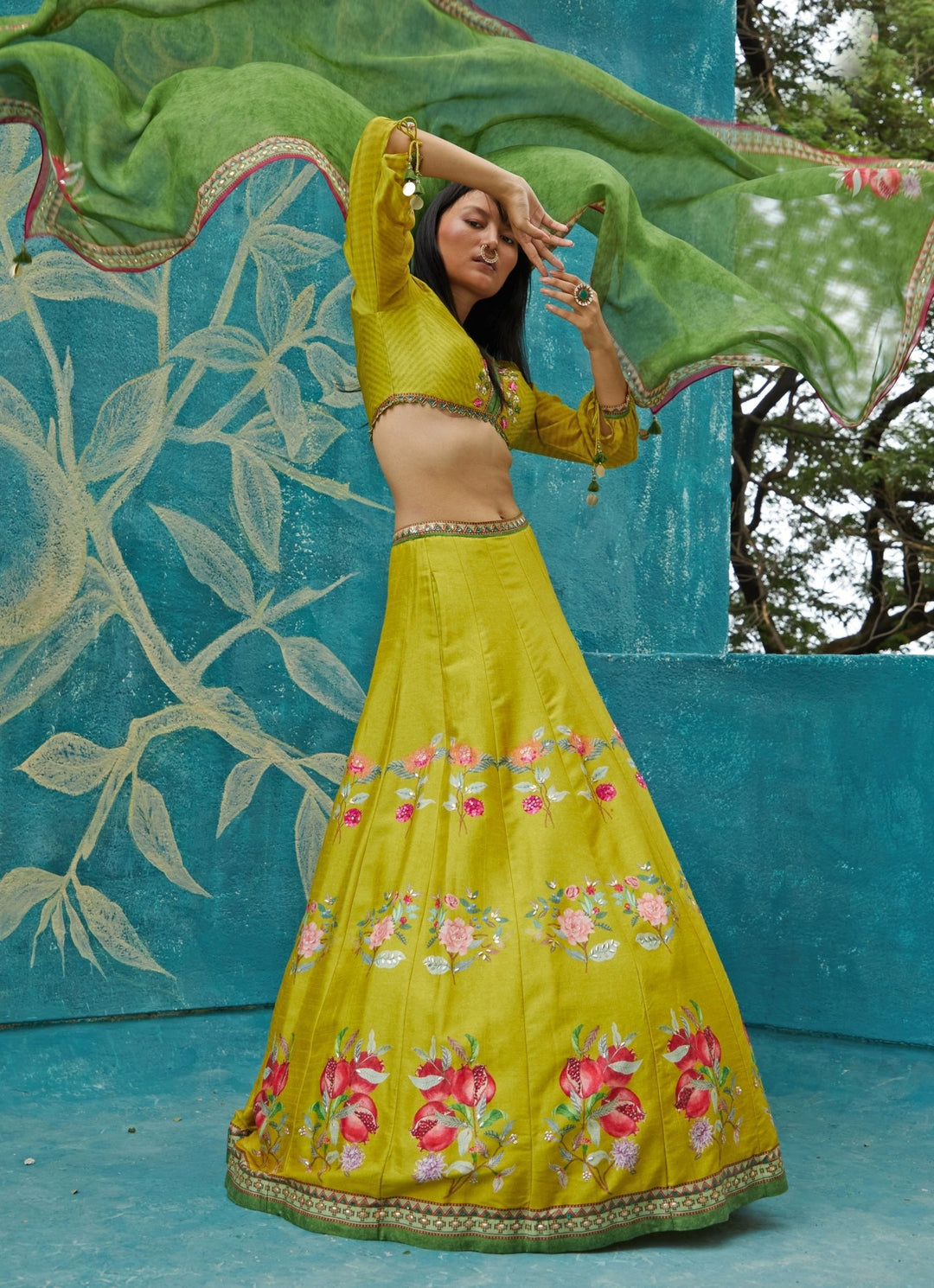 Yellow Floral Printed Tussar Lehenga Set Basil Leaf - Fabilicious Fashion