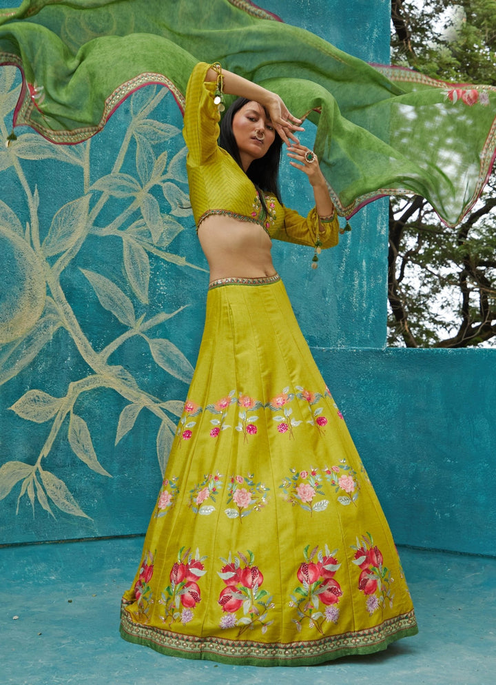 Yellow Floral Printed Tussar Lehenga Set Basil Leaf - Fabilicious Fashion
