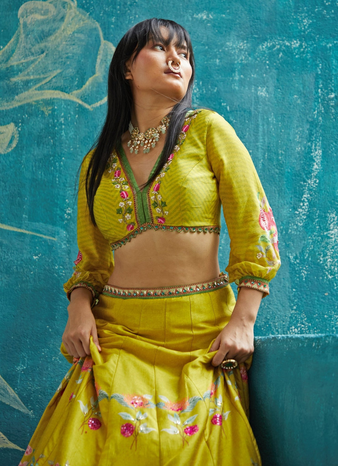 Yellow Floral Printed Tussar Lehenga Set Basil Leaf - Fabilicious Fashion