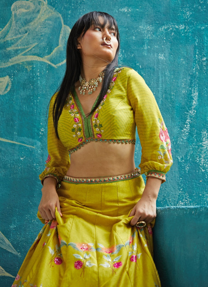 Yellow Floral Printed Tussar Lehenga Set Basil Leaf - Fabilicious Fashion