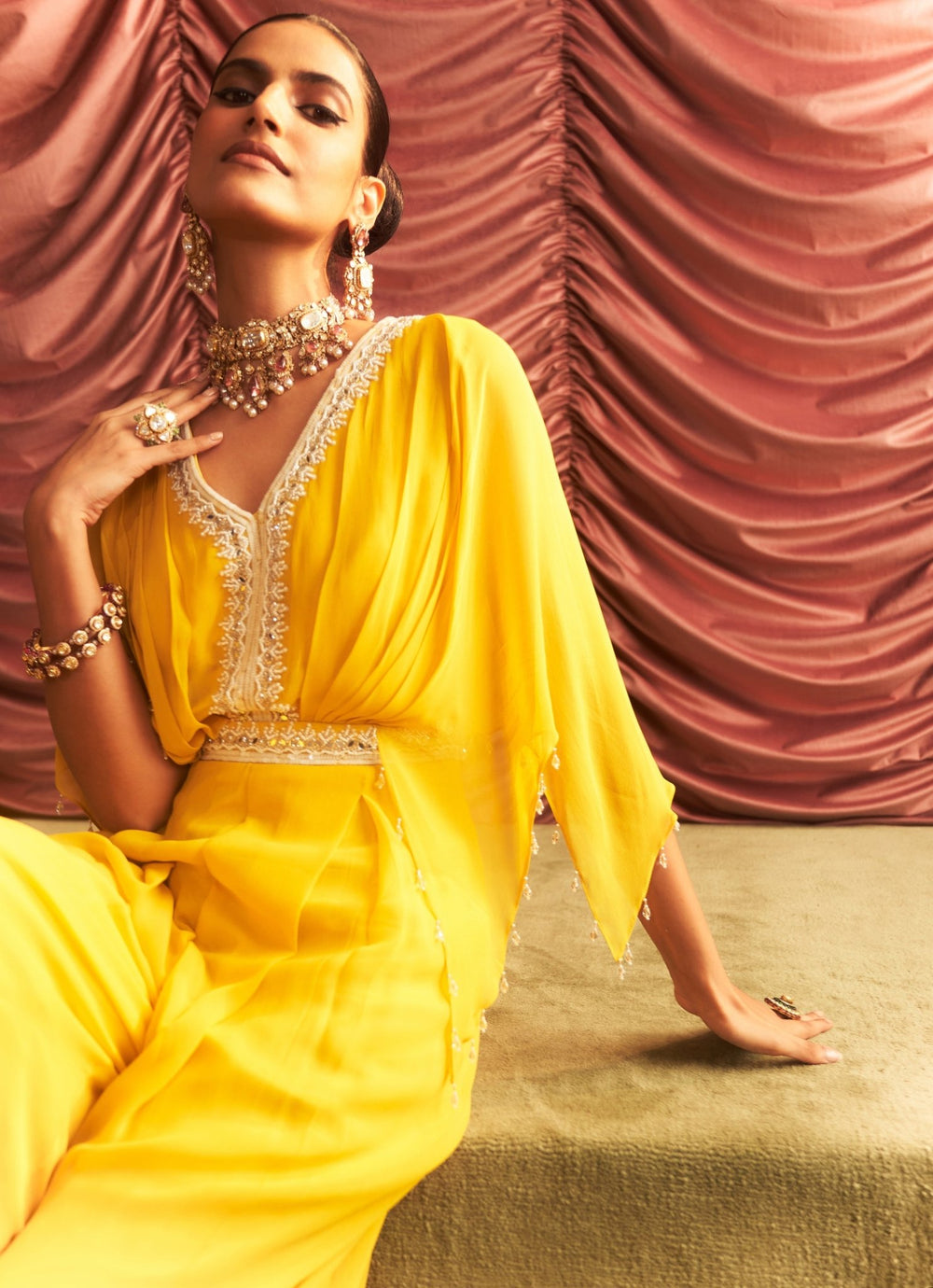 Yellow Georgette Embroidered Jumpsuit Seema Thukral - Fabilicious Fashion