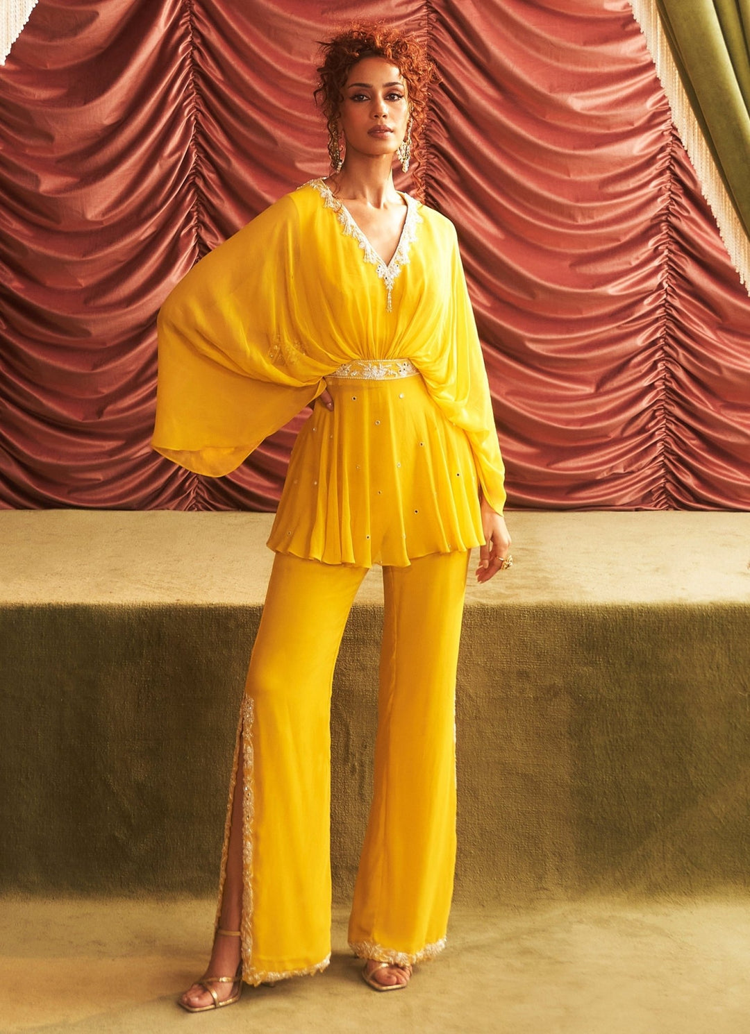 Yellow Georgette Embroidered Peplum Top With Slit Pants Seema Thukral - Fabilicious Fashion