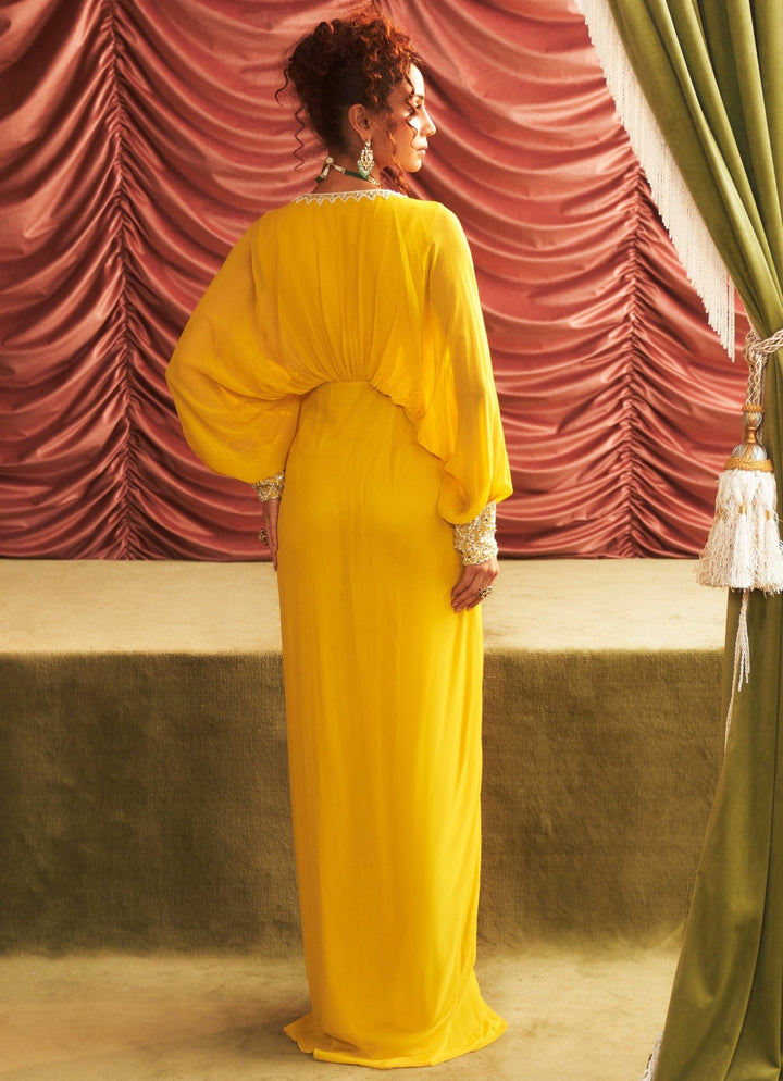 Yellow Georgette Full Length Embroidered Dress Seema Thukral - Fabilicious Fashion
