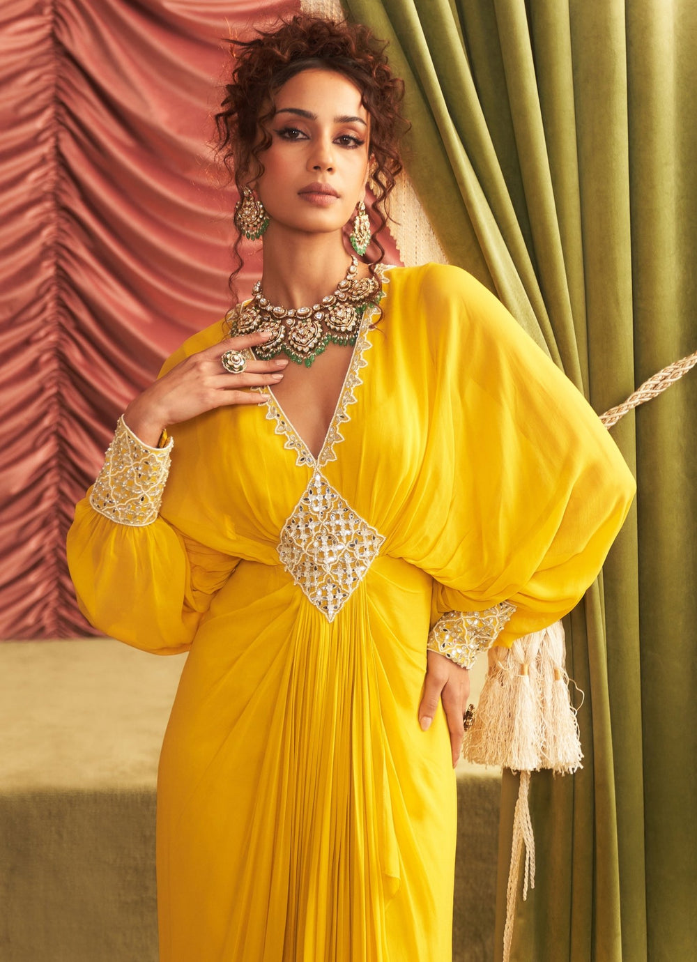 Yellow Georgette Full Length Embroidered Dress Seema Thukral - Fabilicious Fashion