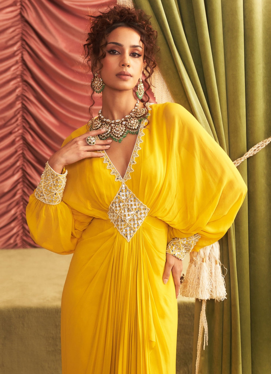 Yellow Georgette Full Length Embroidered Dress Seema Thukral - Fabilicious Fashion