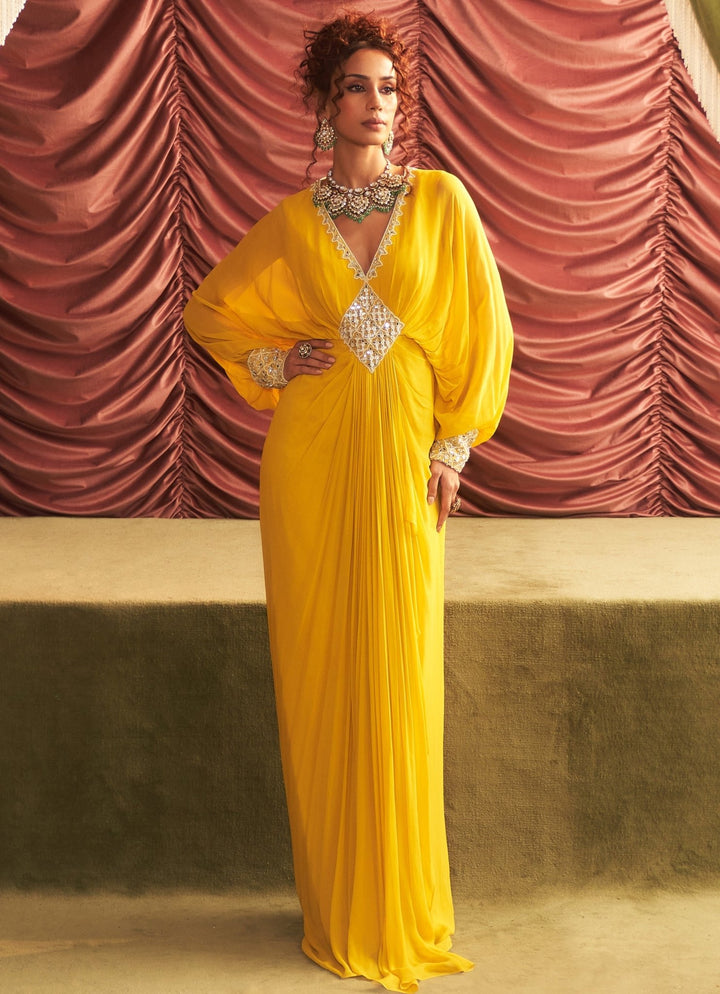 Yellow Georgette Full Length Embroidered Dress Seema Thukral - Fabilicious Fashion