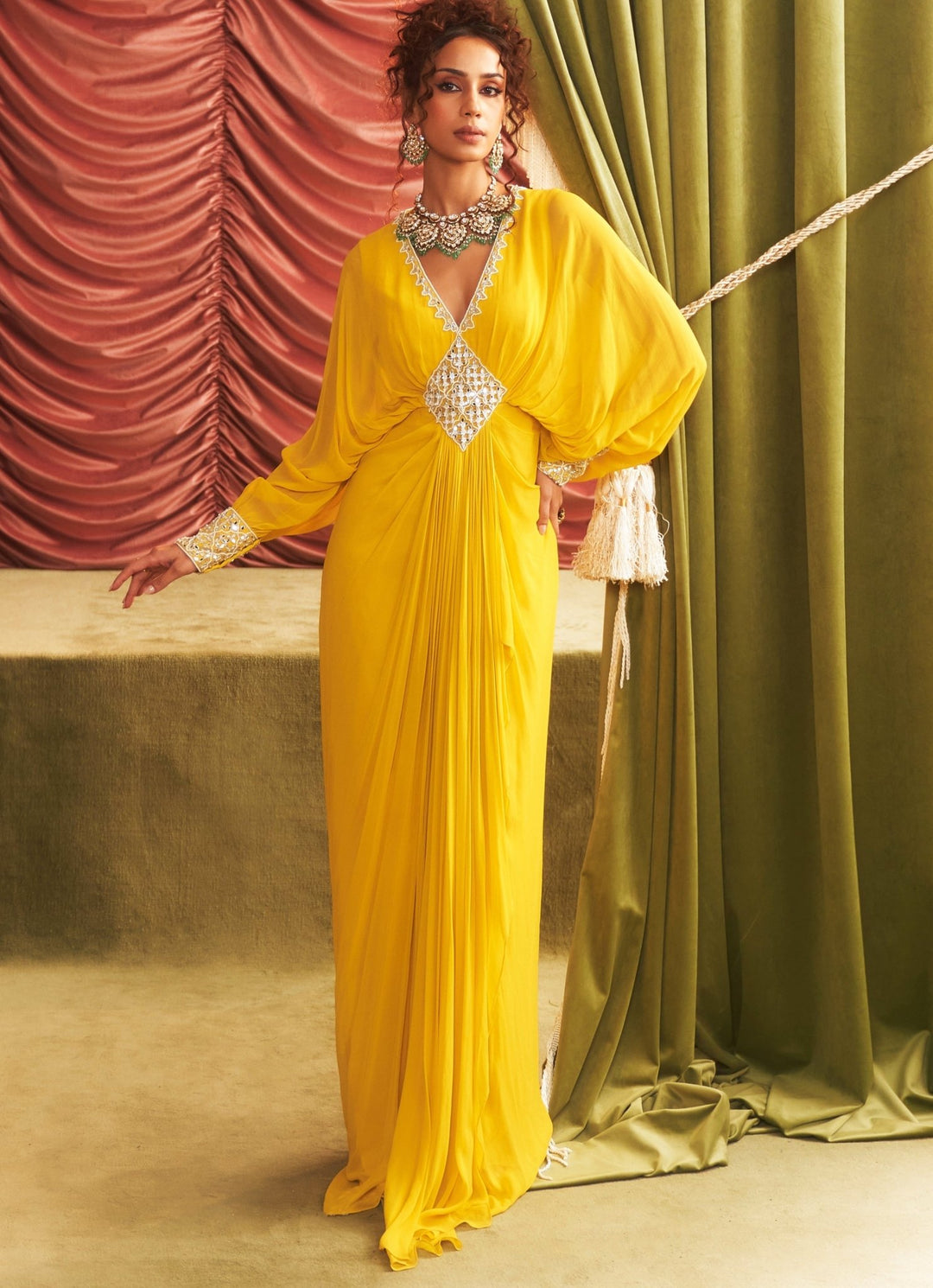 Yellow Georgette Full Length Embroidered Dress Seema Thukral - Fabilicious Fashion