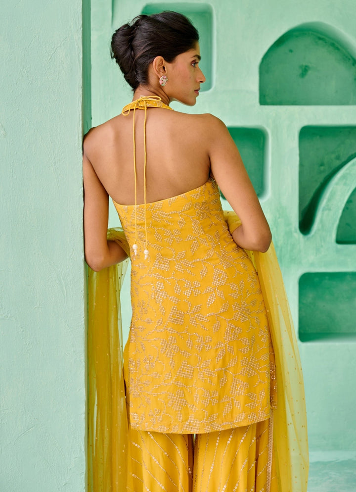 Yellow Georgette Kurta Sharara Set Chamee and Palak - Fabilicious Fashion