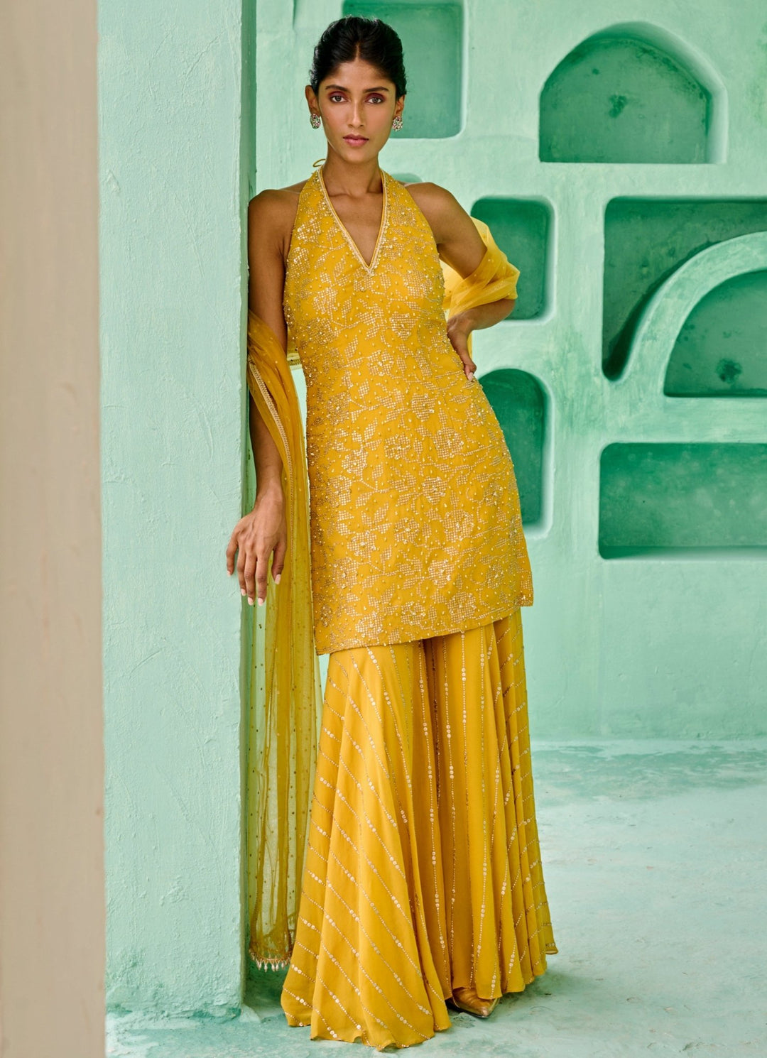 Yellow Georgette Kurta Sharara Set Chamee and Palak - Fabilicious Fashion