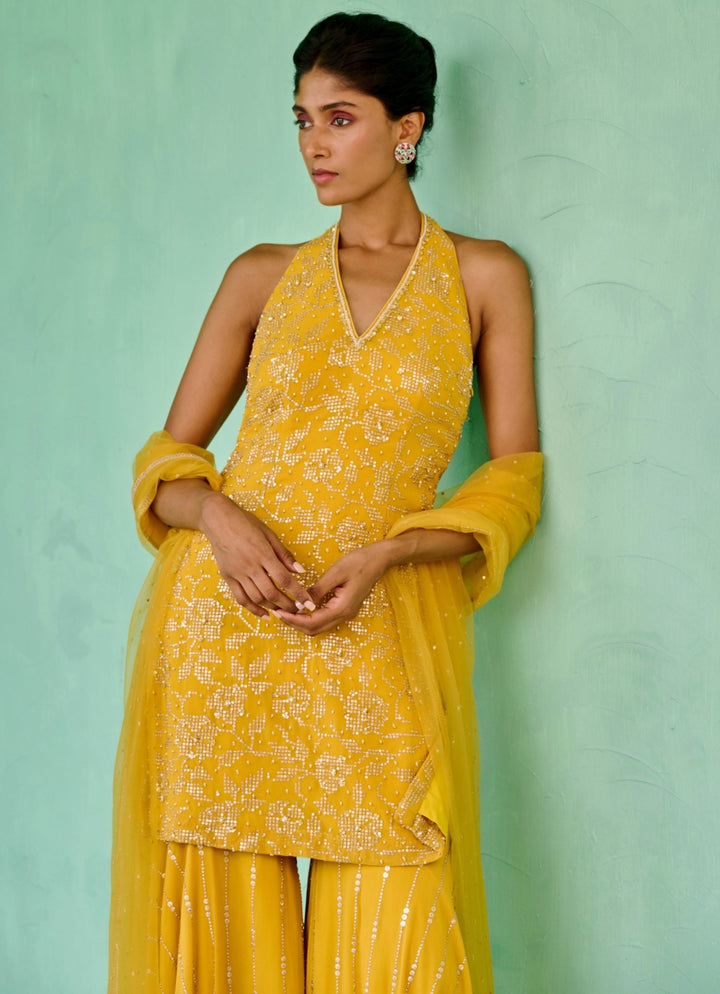 Yellow Georgette Kurta Sharara Set Chamee and Palak - Fabilicious Fashion