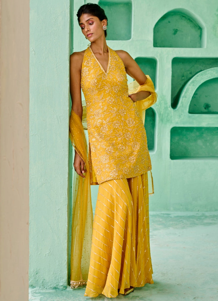 Yellow Georgette Kurta Sharara Set Chamee and Palak - Fabilicious Fashion