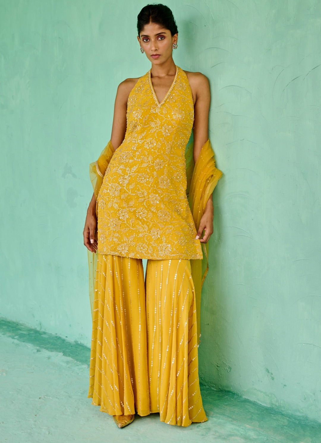 Yellow Georgette Kurta Sharara Set Chamee and Palak - Fabilicious Fashion