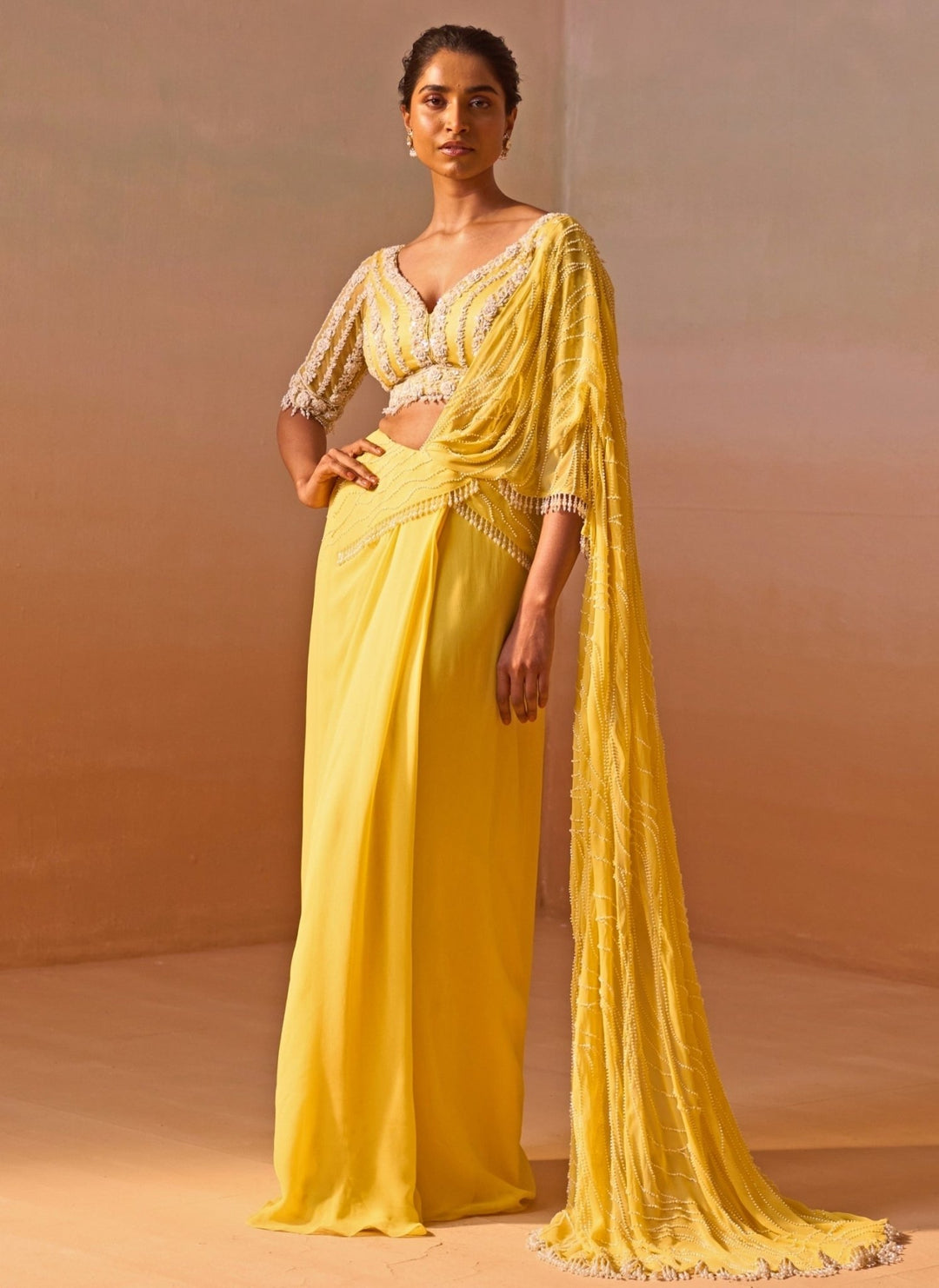 Nitika Gujral Yellow Georgette Pre Draped SareeFabilicious Fashion