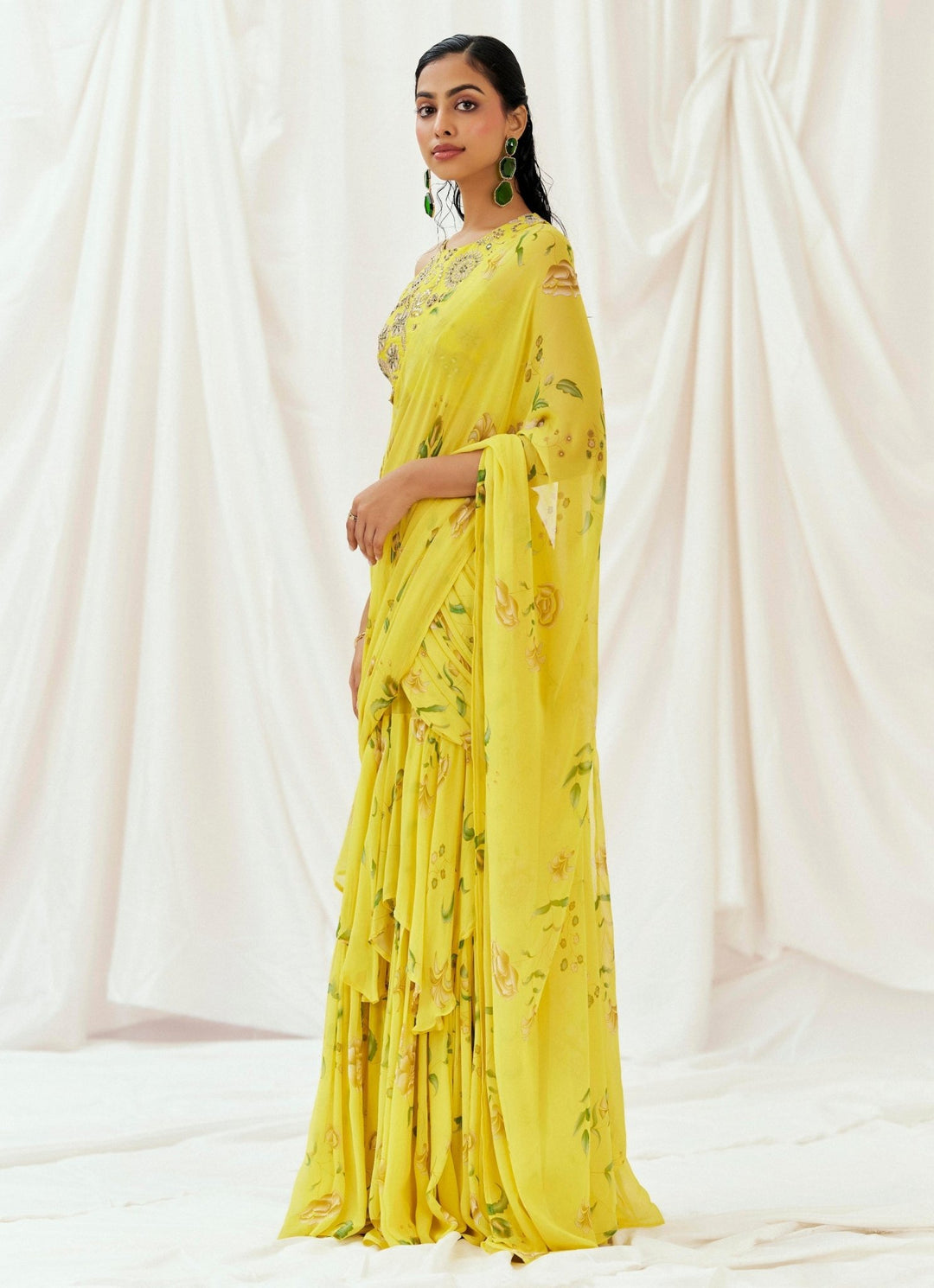 Yellow Georgette Predraped Saree Redpine - Fabilicious Fashion