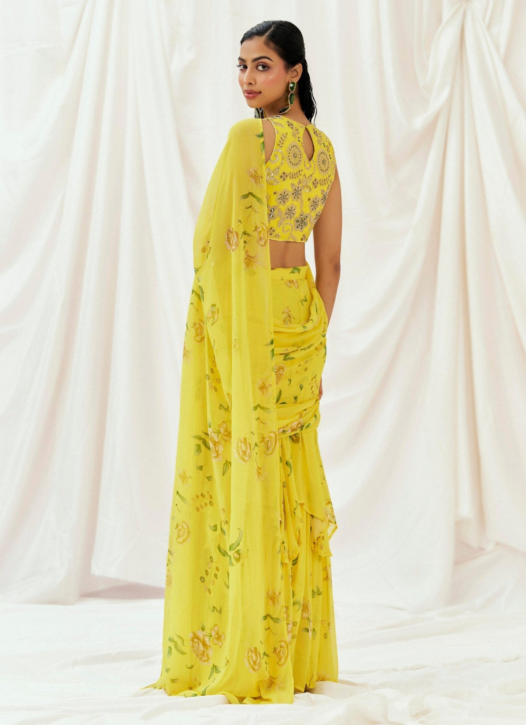 Yellow Georgette Predraped Saree Redpine - Fabilicious Fashion
