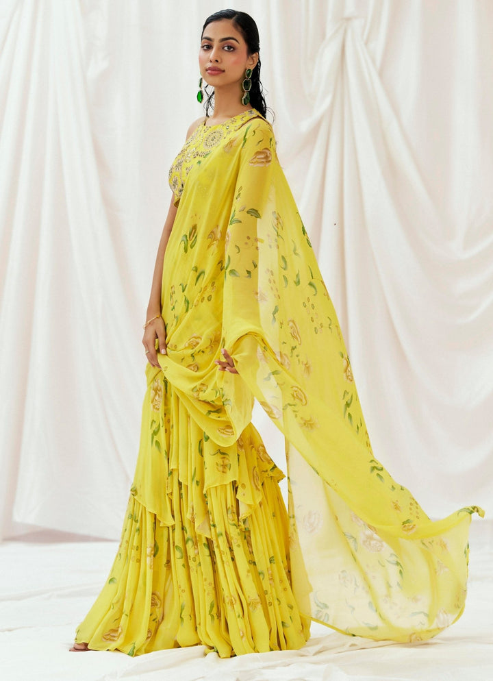 Yellow Georgette Predraped Saree Redpine - Fabilicious Fashion
