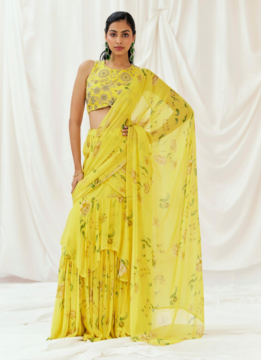 Yellow Georgette Predraped Saree Redpine - Fabilicious Fashion