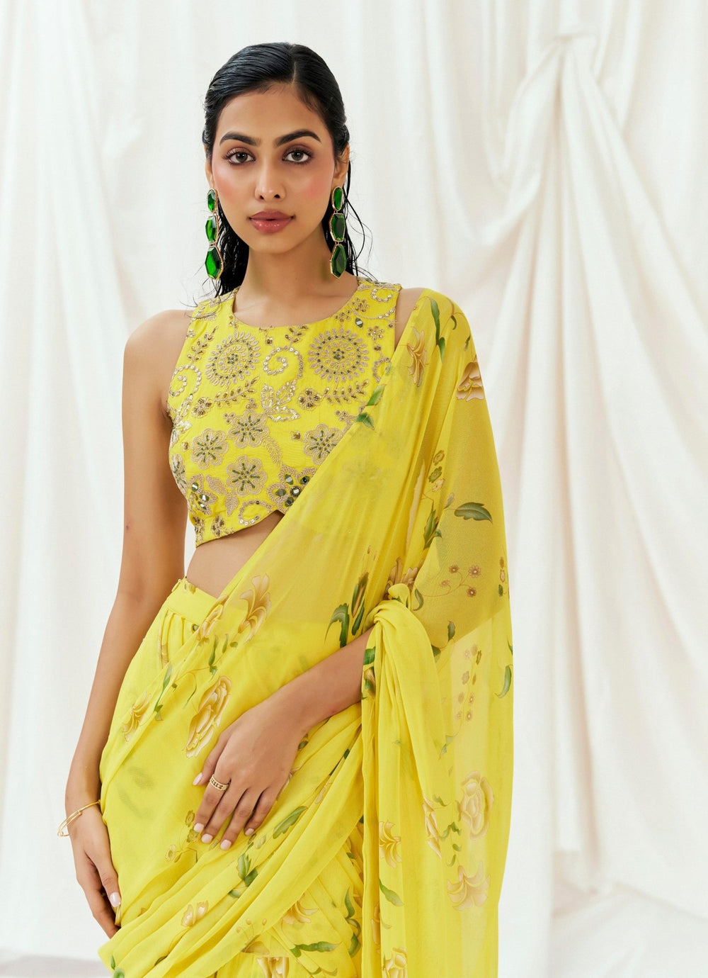 Yellow Georgette Predraped Saree Redpine - Fabilicious Fashion