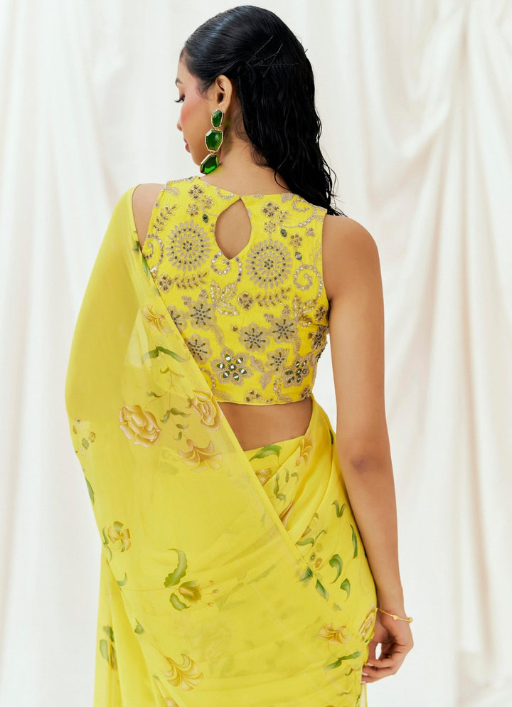 Yellow Georgette Predraped Saree Redpine - Fabilicious Fashion