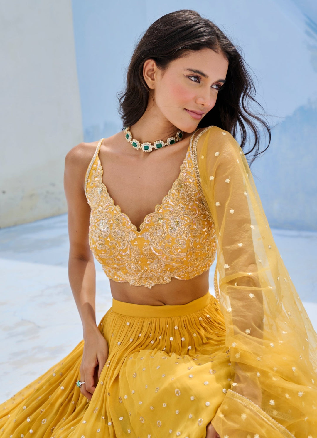 Yellow Georgette Ruched Lehenga Set Chamee and Palak - Fabilicious Fashion