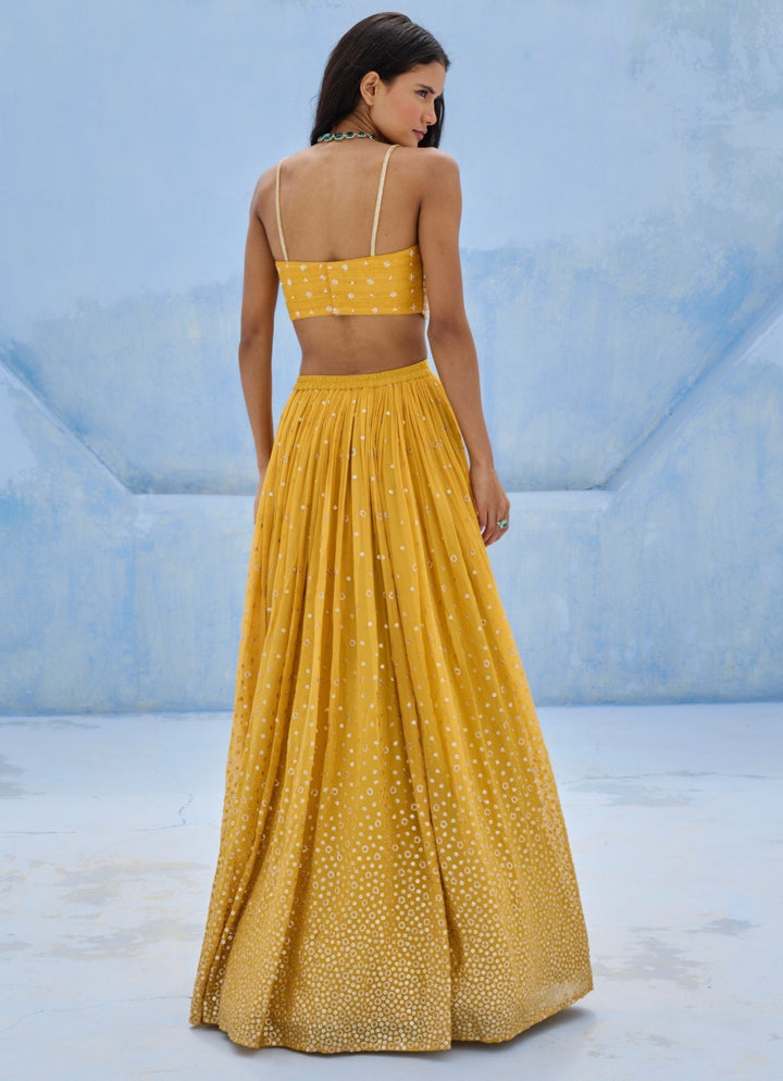 Yellow Georgette Ruched Lehenga Set Chamee and Palak - Fabilicious Fashion
