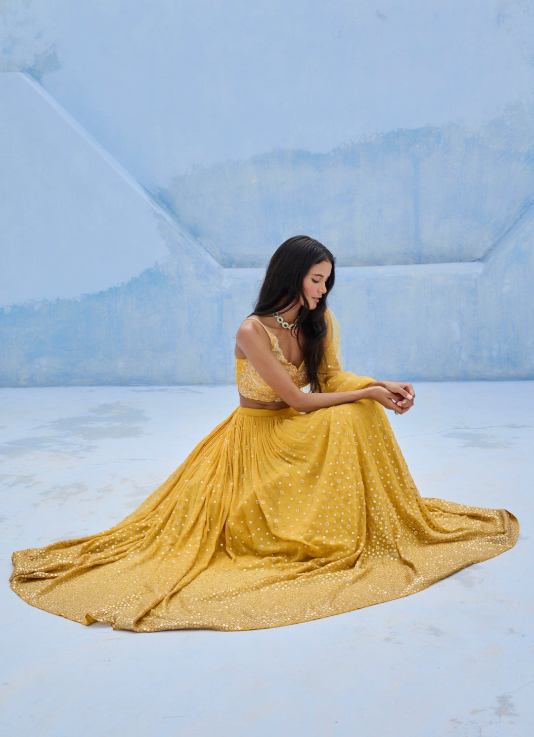 Yellow Georgette Ruched Lehenga Set Chamee and Palak - Fabilicious Fashion