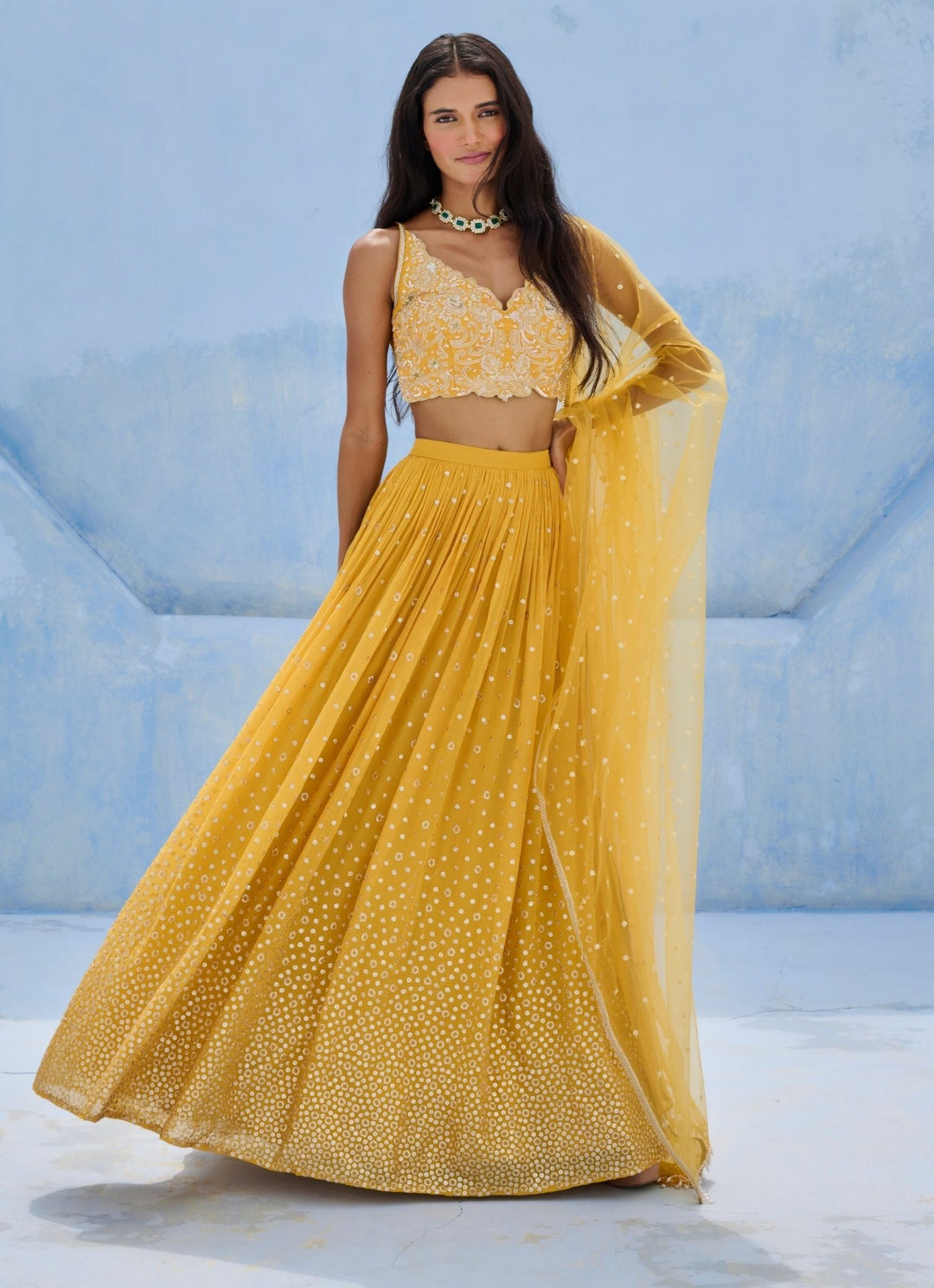 Diwali Lehenga in Yellow Georgette Ruched by Chamee and Palak from Fabilicious