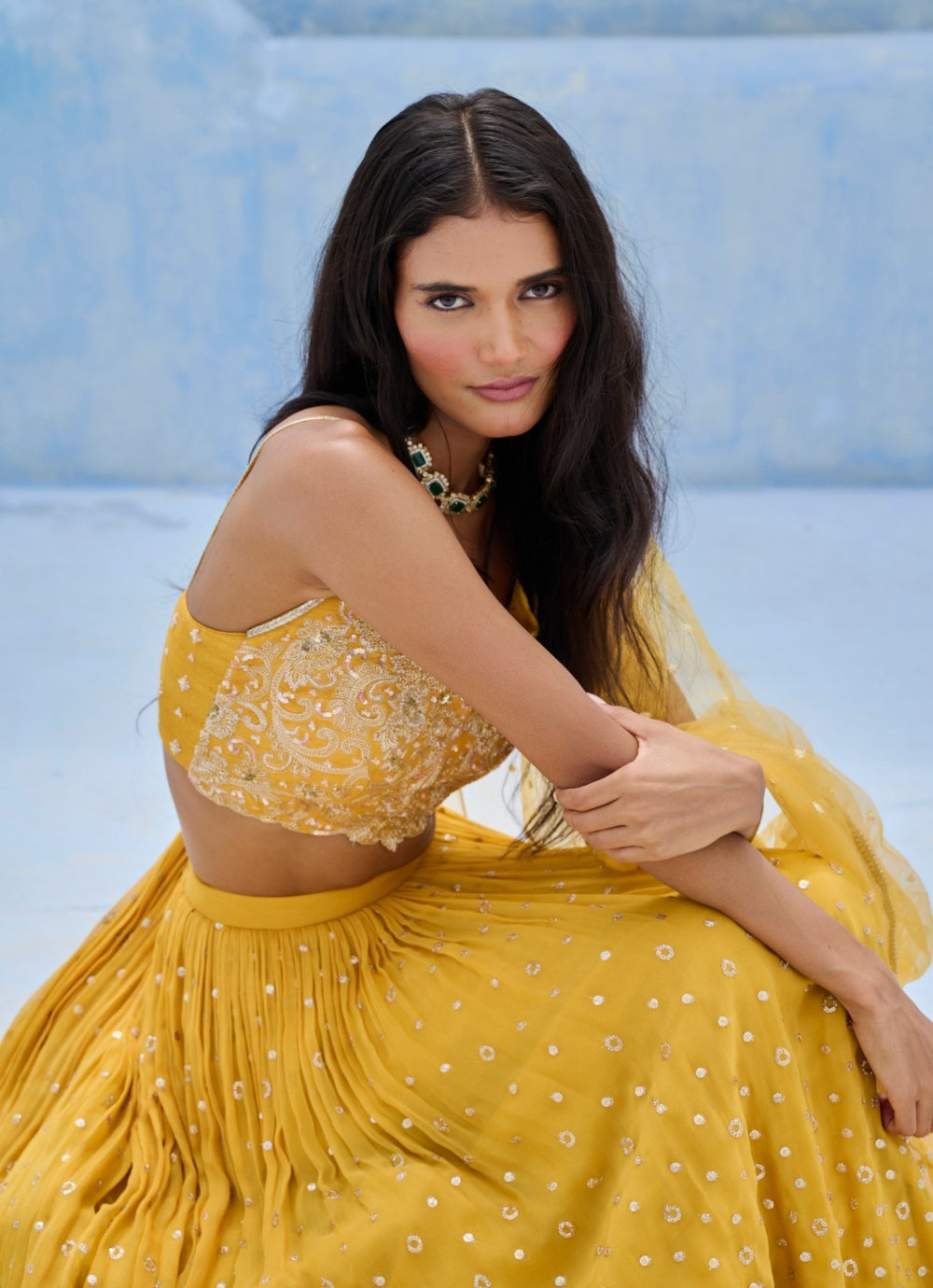 Yellow Georgette Ruched Lehenga Set Chamee and Palak - Fabilicious Fashion