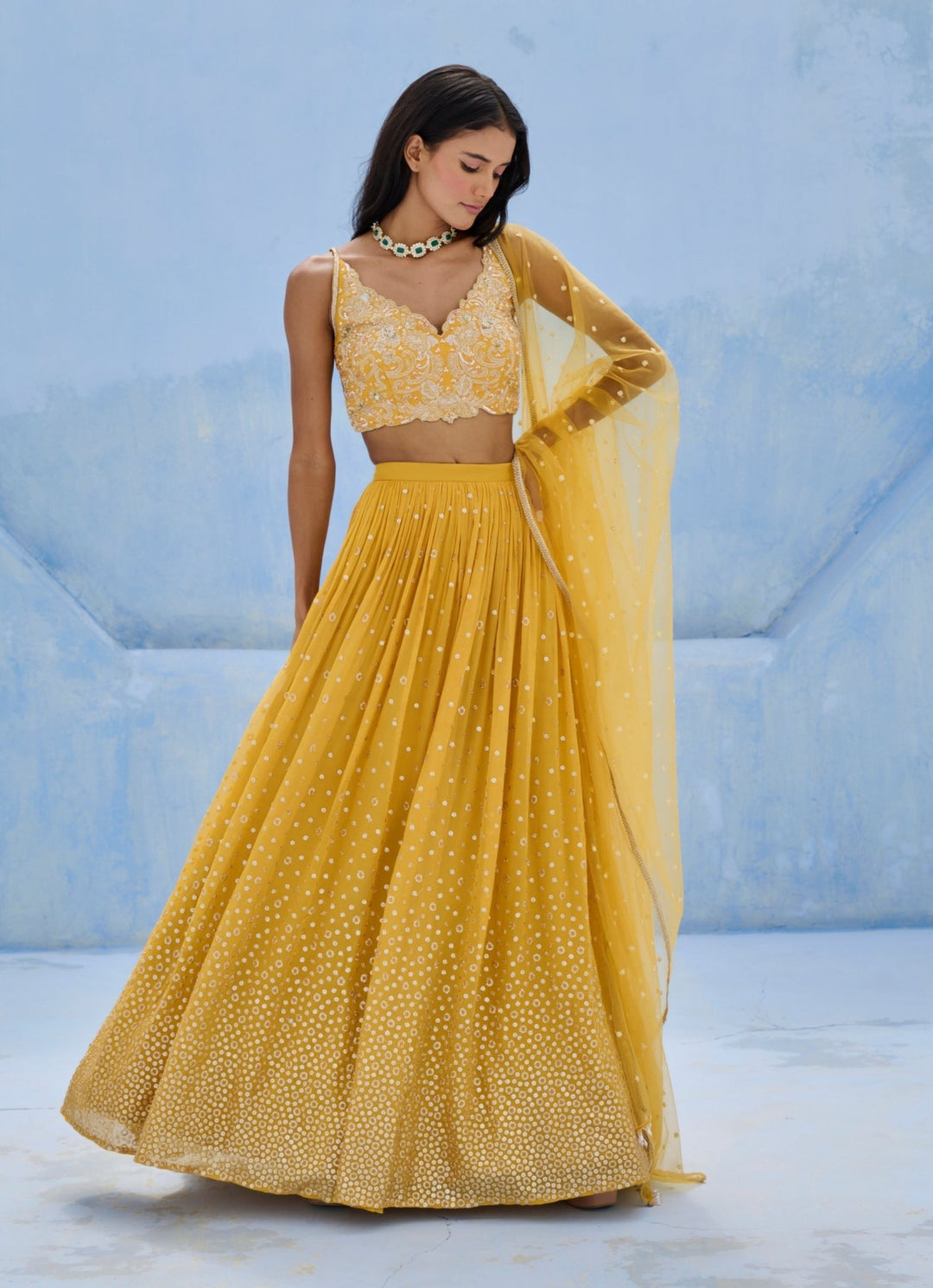 Yellow Georgette Ruched Lehenga Set Chamee and Palak - Fabilicious Fashion
