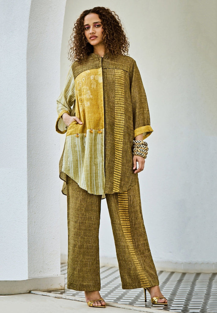 Yellow Green Linen Kurta Pants Set Basil Leaf - Fabilicious Fashion