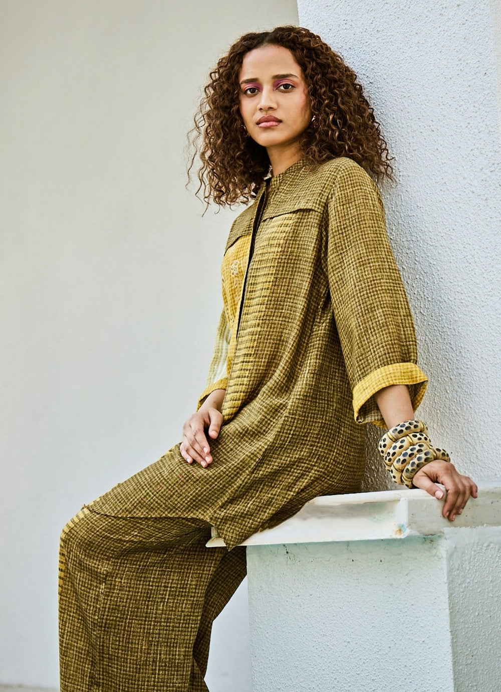 Yellow Green Linen Kurta Pants Set Basil Leaf - Fabilicious Fashion