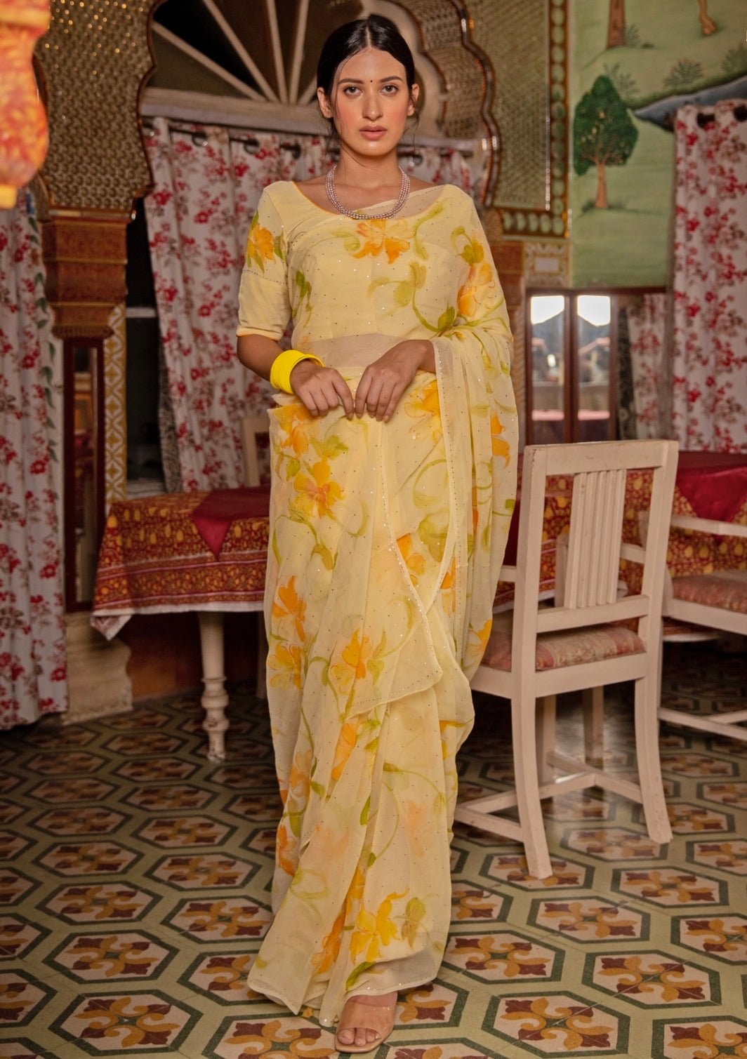 Yellow Hand Painted Chiffon Pre - Draped Saree Geroo Jaipur - Fabilicious Fashion