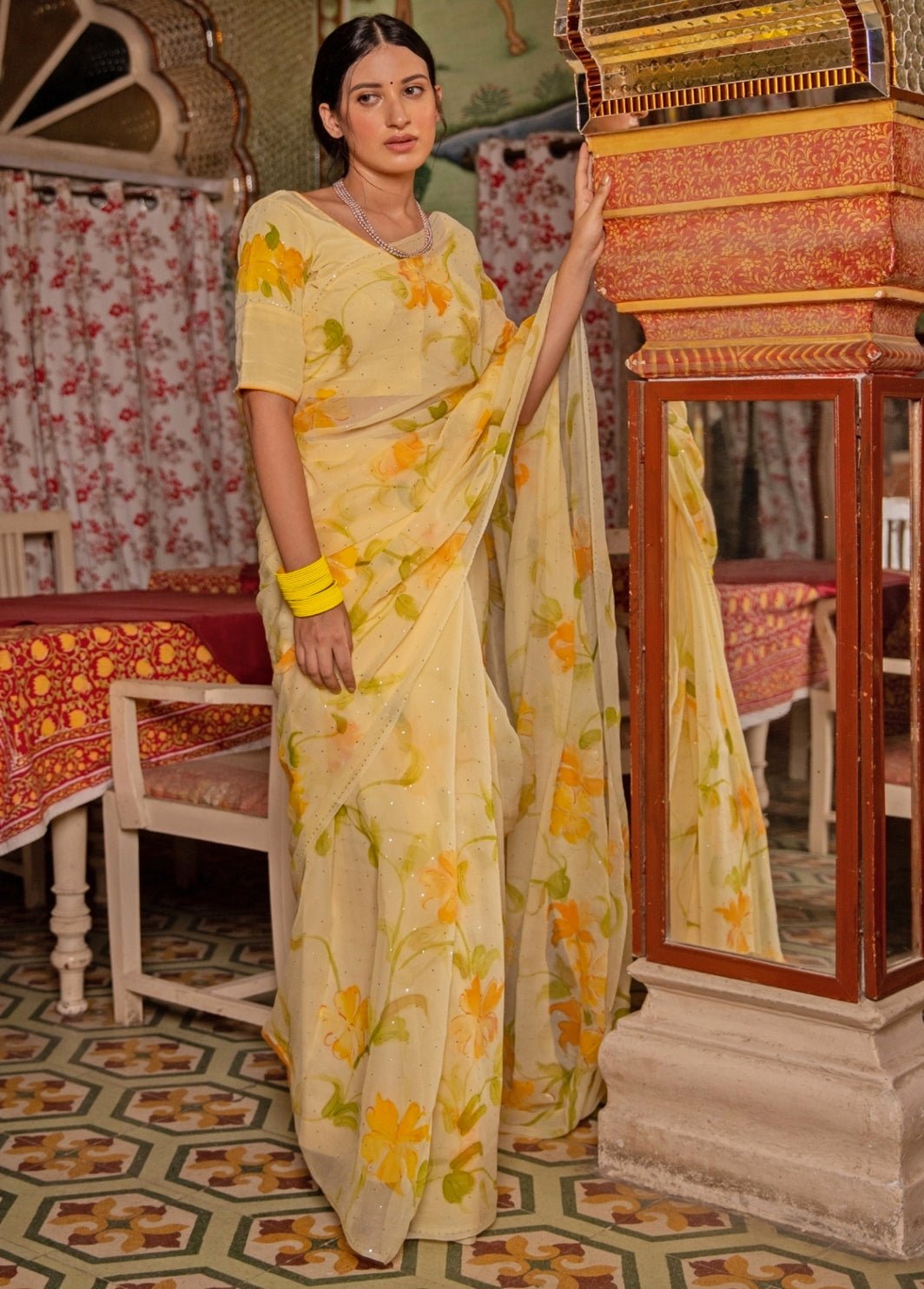 Geroo Jaipur Yellow Hand Painted Chiffon Pre - Draped SareeFabilicious Fashion