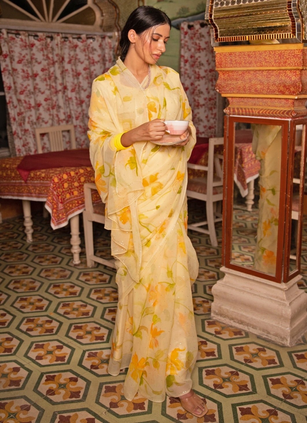 Geroo Jaipur Yellow Hand Painted Chiffon Pre - Draped SareeFabilicious Fashion