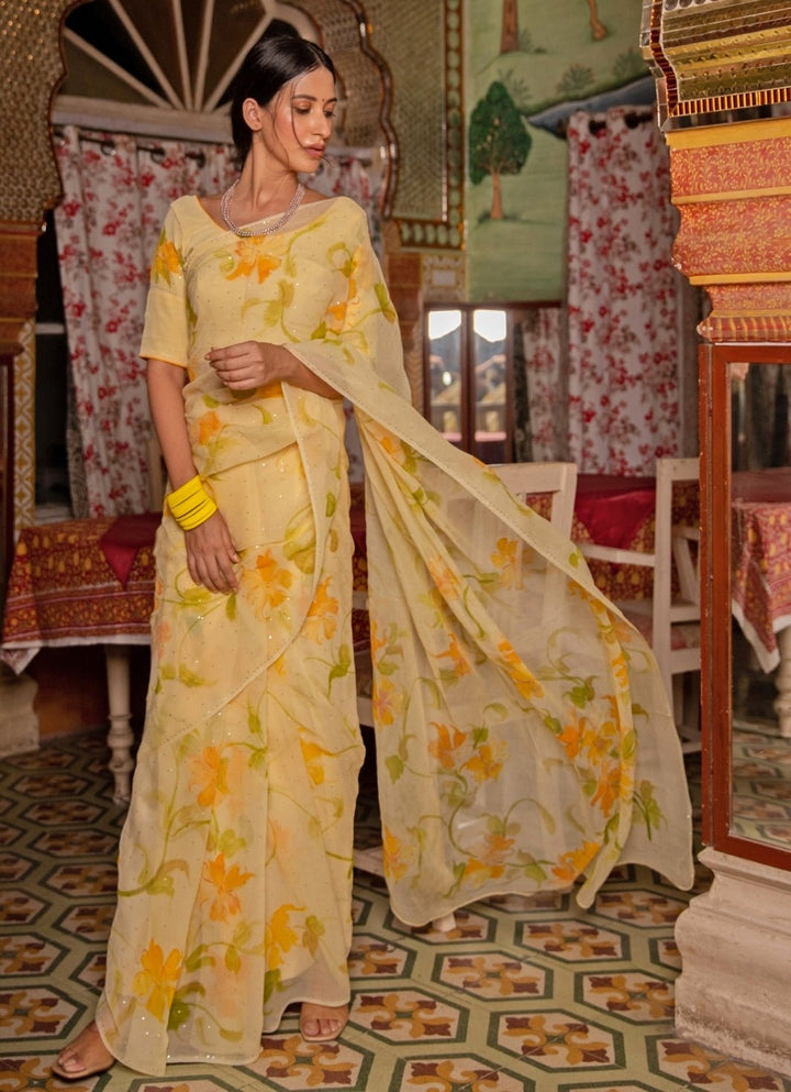 Geroo Jaipur Yellow Hand Painted Chiffon Pre - Draped SareeFabilicious Fashion