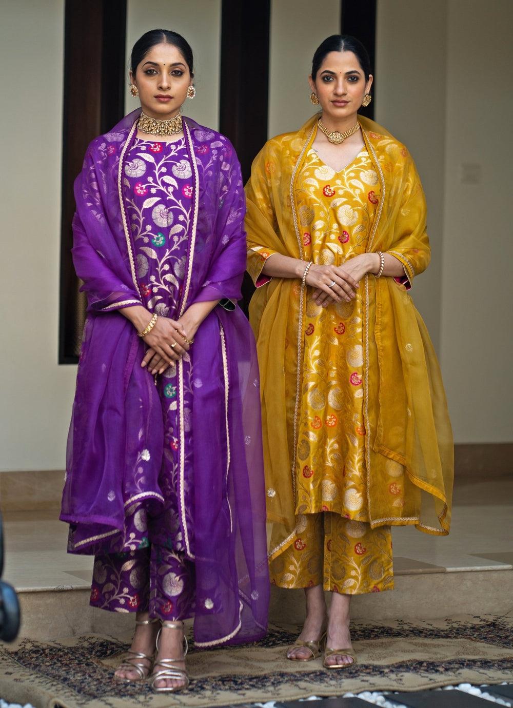 Yellow Handwoven Floral Silk Kurta Pant Set Sobariko - Fabilicious Fashion