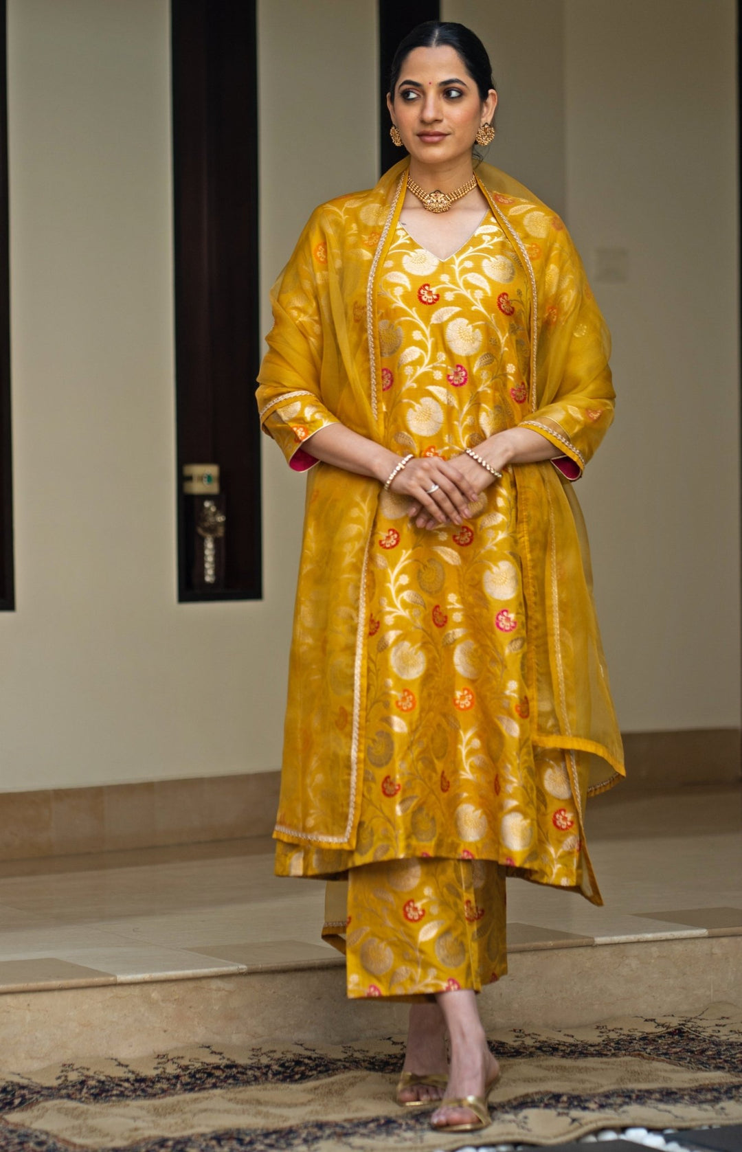 Yellow Handwoven Floral Silk Kurta Pant Set Sobariko - Fabilicious Fashion