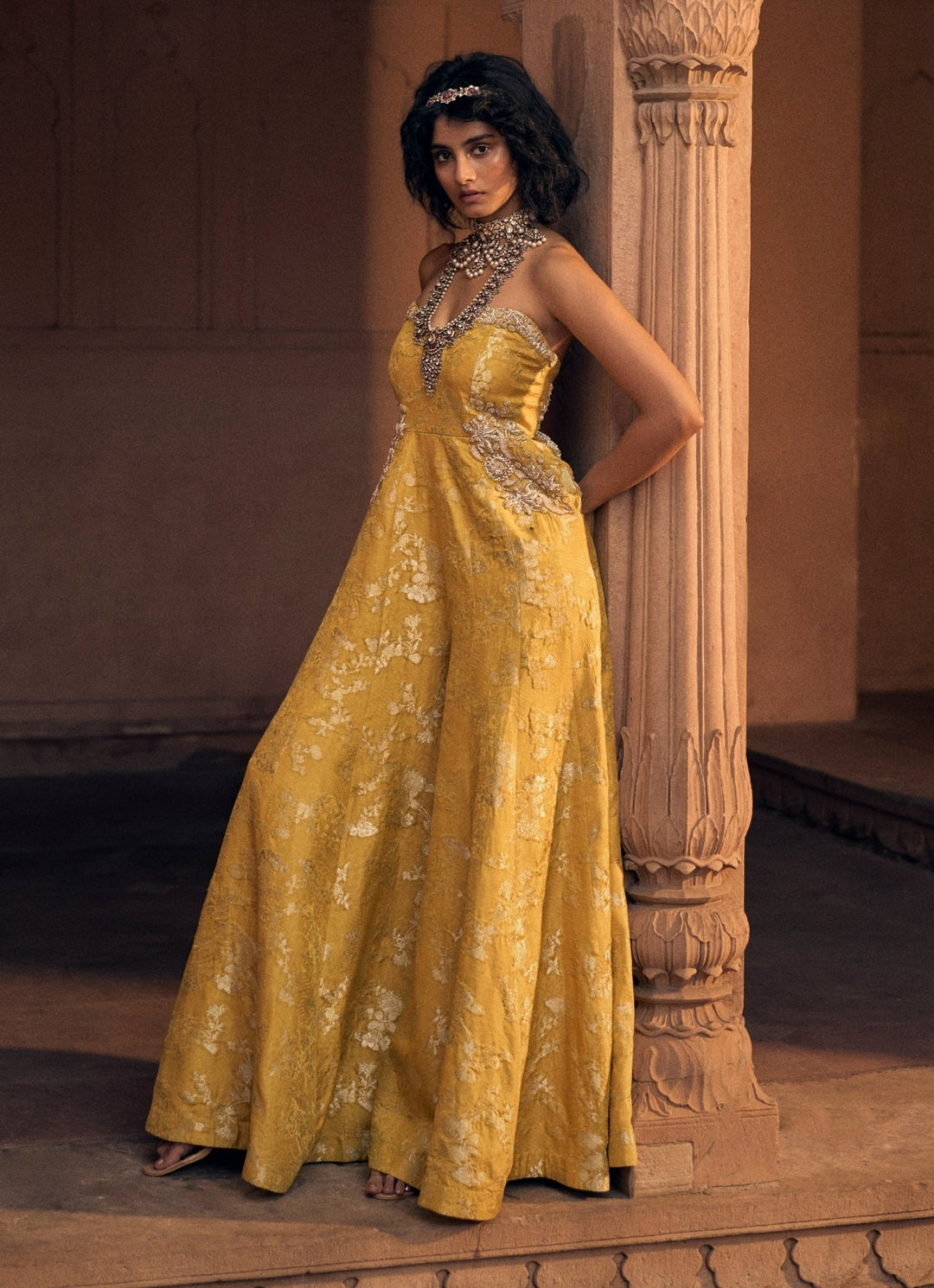 Paulmi and Harsh Yellow Jacquard Embroidered Jumpsuit Fabilicious Fashion Paulmi and Harsh Yellow Jacquard Embroidered Jumpsuit Fabilicious Fashion