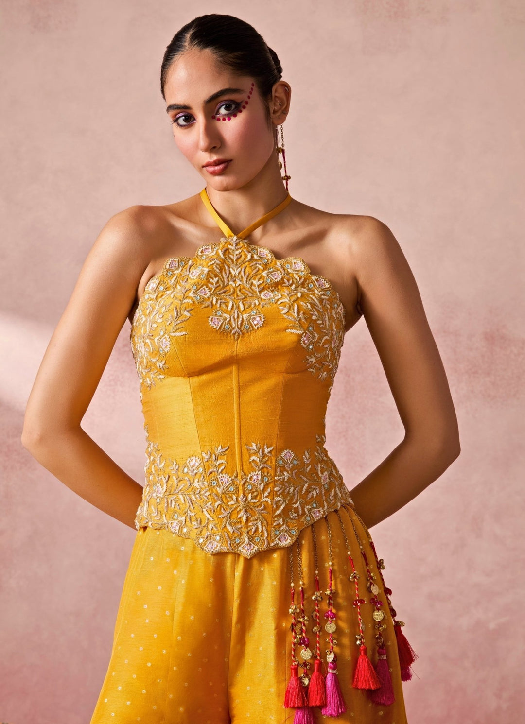 Chamee And Palak Yellow Jamewar Corset Palazzo Set With Coral DupattaFabilicious Fashion