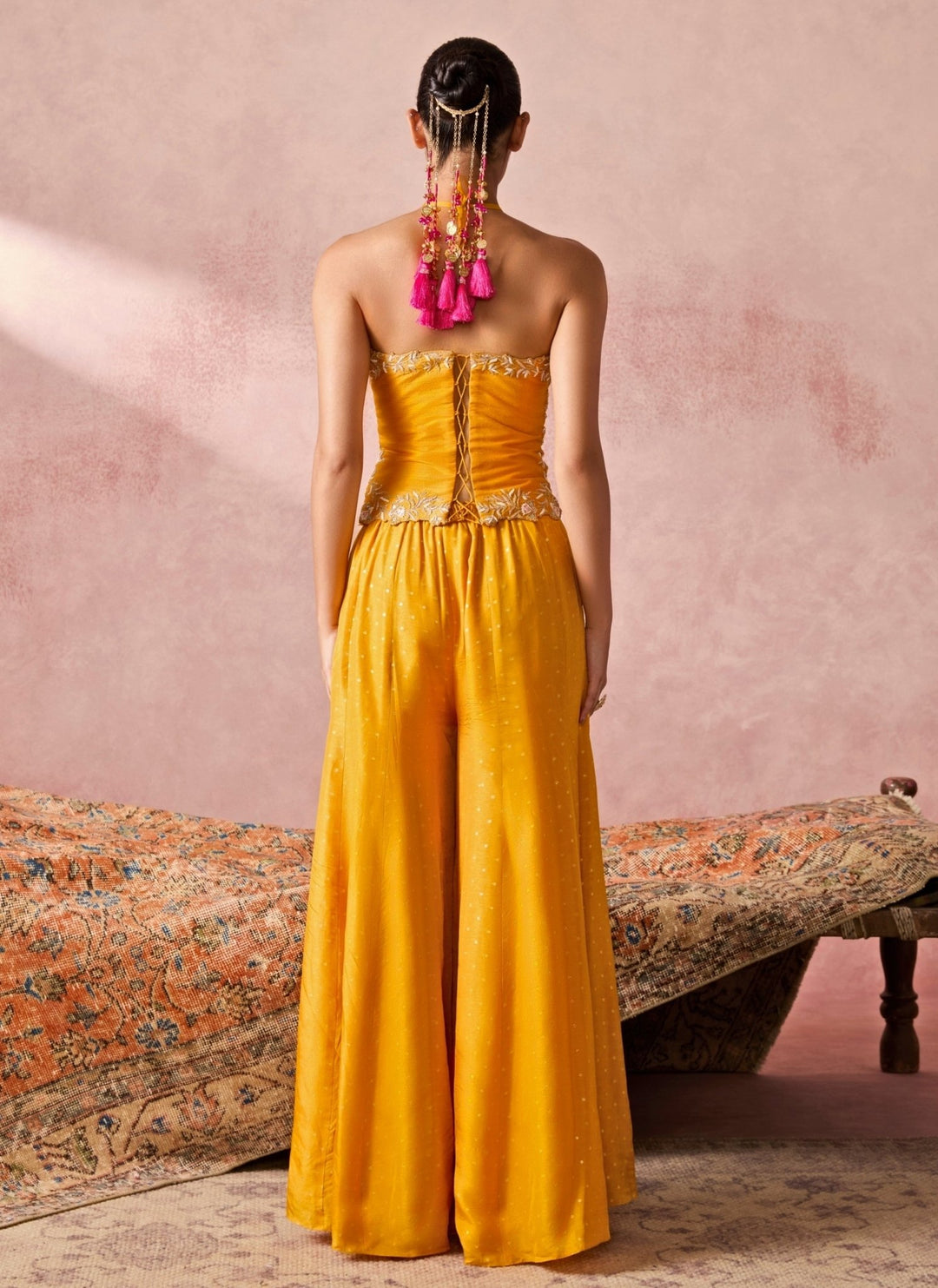 Chamee And Palak Yellow Jamewar Corset Palazzo Set With Coral DupattaFabilicious Fashion