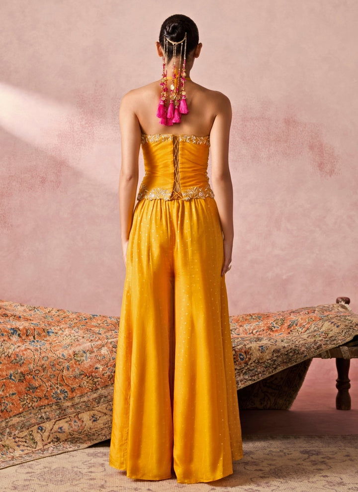 Chamee And Palak Yellow Jamewar Corset Palazzo Set With Coral DupattaFabilicious Fashion