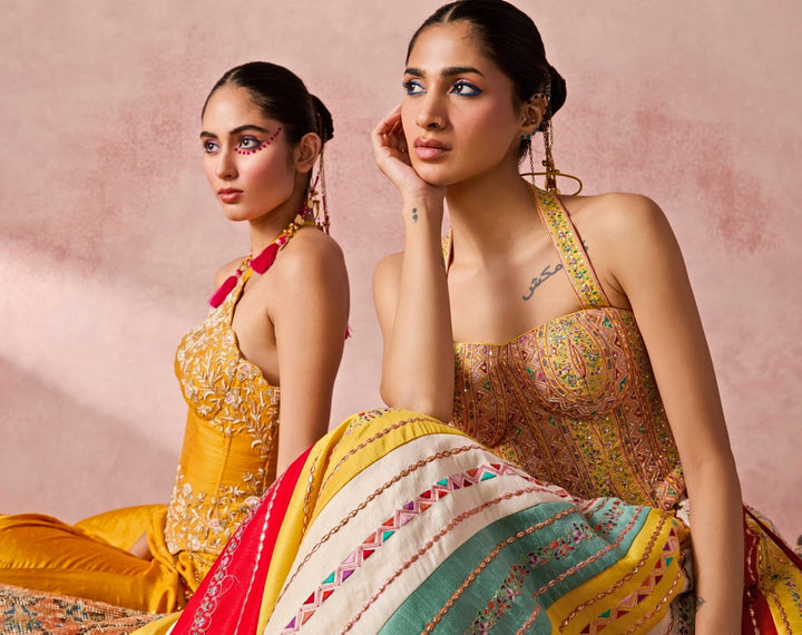 Chamee And Palak Yellow Jamewar Corset Palazzo Set With Coral DupattaFabilicious Fashion