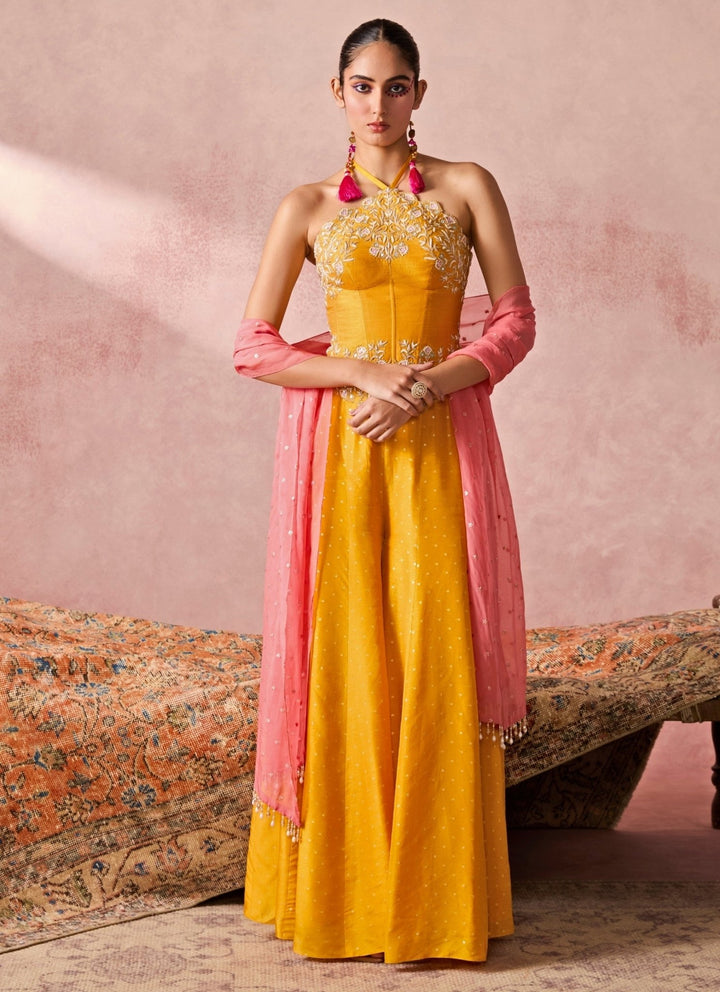 Chamee And Palak Yellow Jamewar Corset Palazzo Set With Coral DupattaFabilicious Fashion