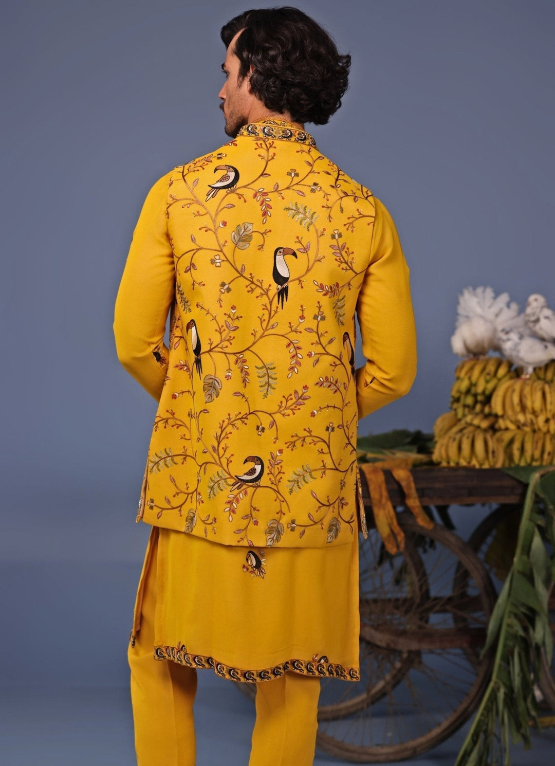 Yellow Kurta Pant Set with Thread Embroidered Jacket Kalpraag - Fabilicious Fashion