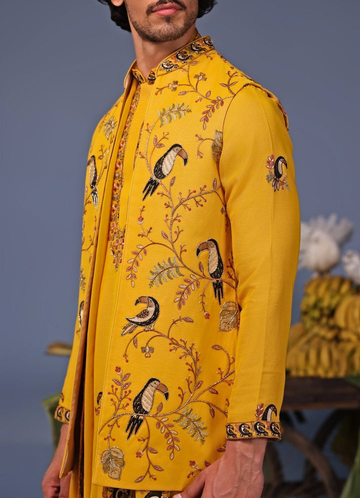 Yellow Kurta Pant Set with Thread Embroidered Jacket Kalpraag - Fabilicious Fashion