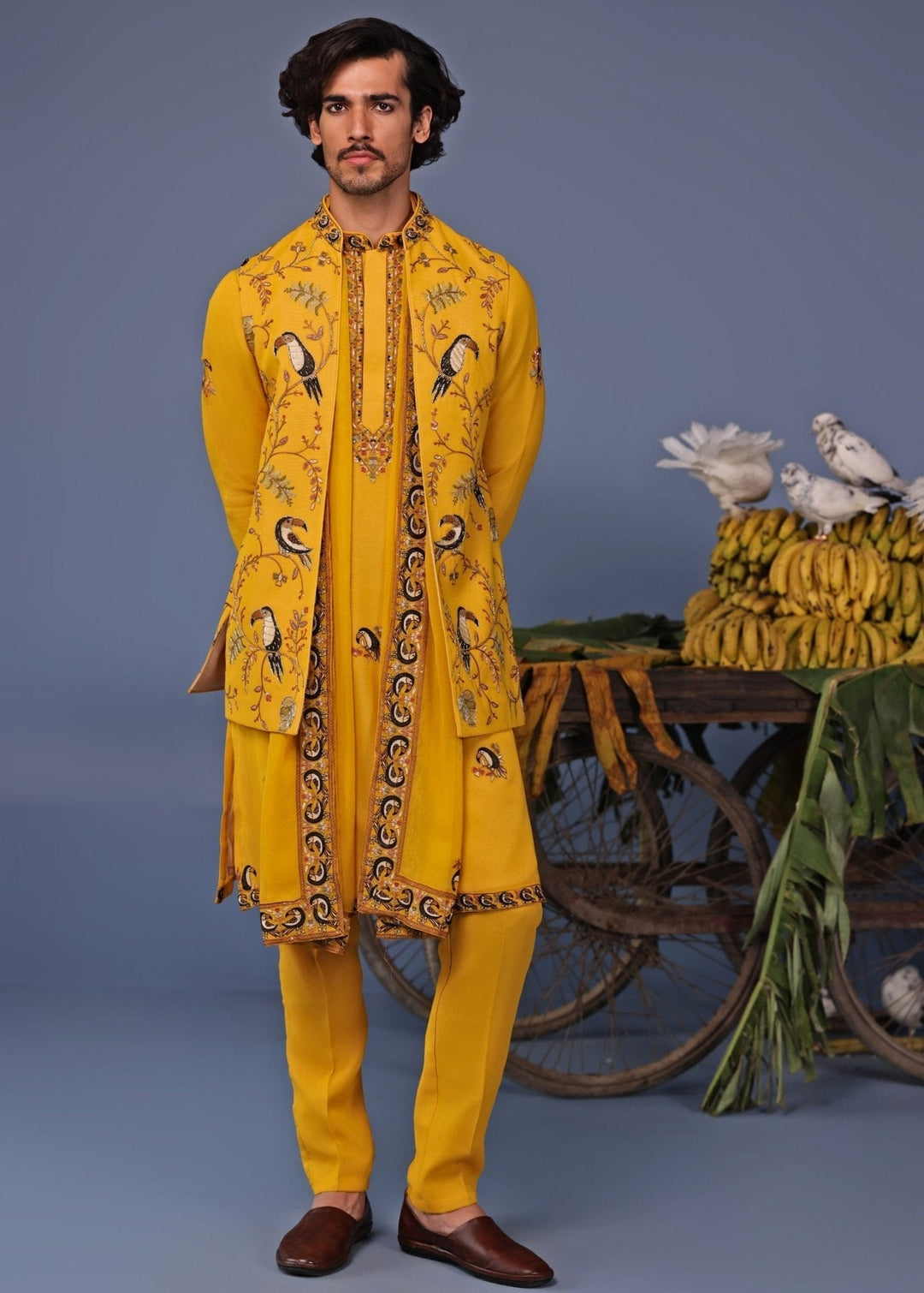 Yellow Kurta Pant Set with Thread Embroidered Jacket Kalpraag - Fabilicious Fashion