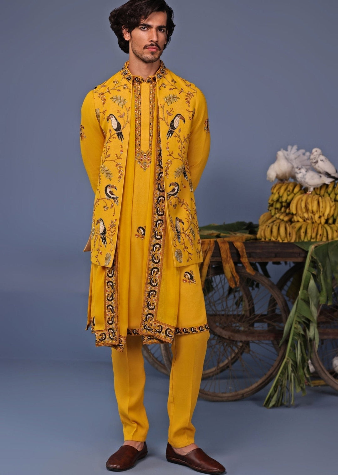 Yellow Kurta Pant Set with Thread Embroidered Jacket Kalpraag - Fabilicious Fashion