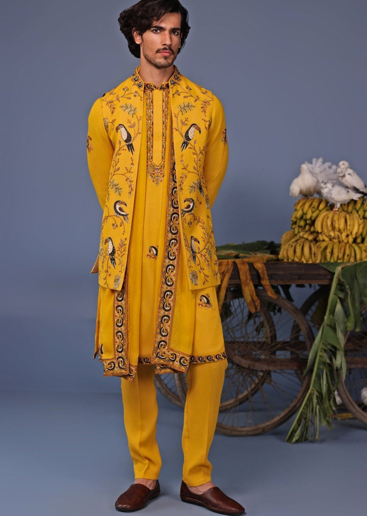Yellow Kurta Pant Set with Thread Embroidered Jacket Kalpraag - Fabilicious Fashion