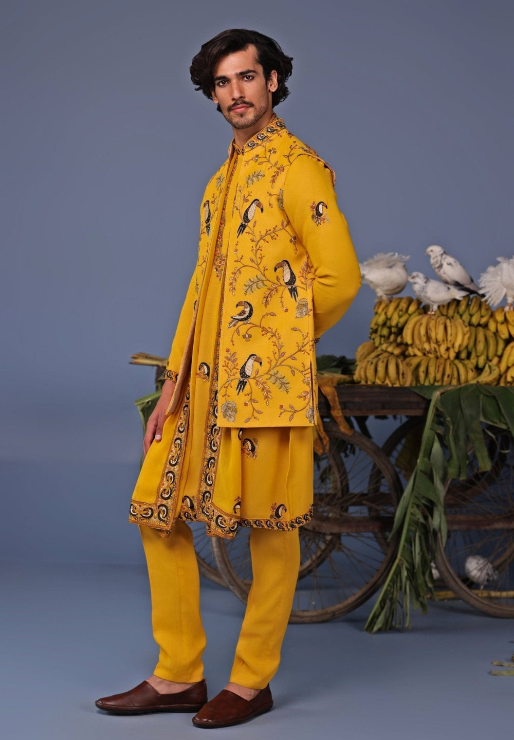 Yellow Kurta Pant Set with Thread Embroidered Jacket Kalpraag - Fabilicious Fashion