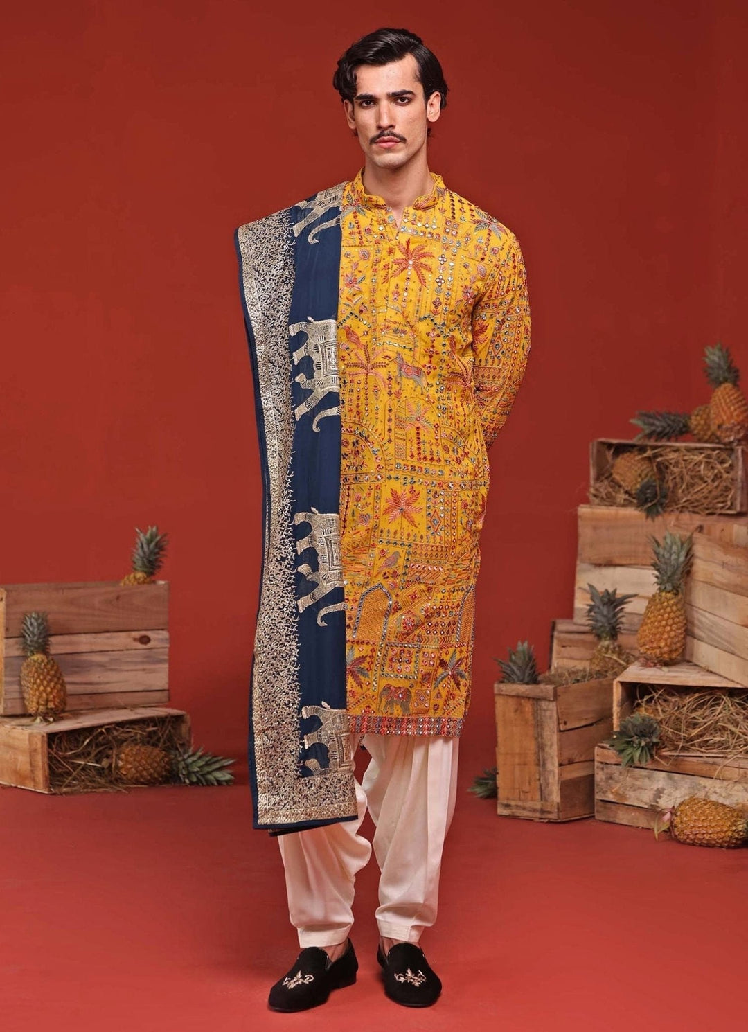 Yellow Kurta Patiala Set With Contrast Embroidered Dupatta Kalpraag - Fabilicious Fashion